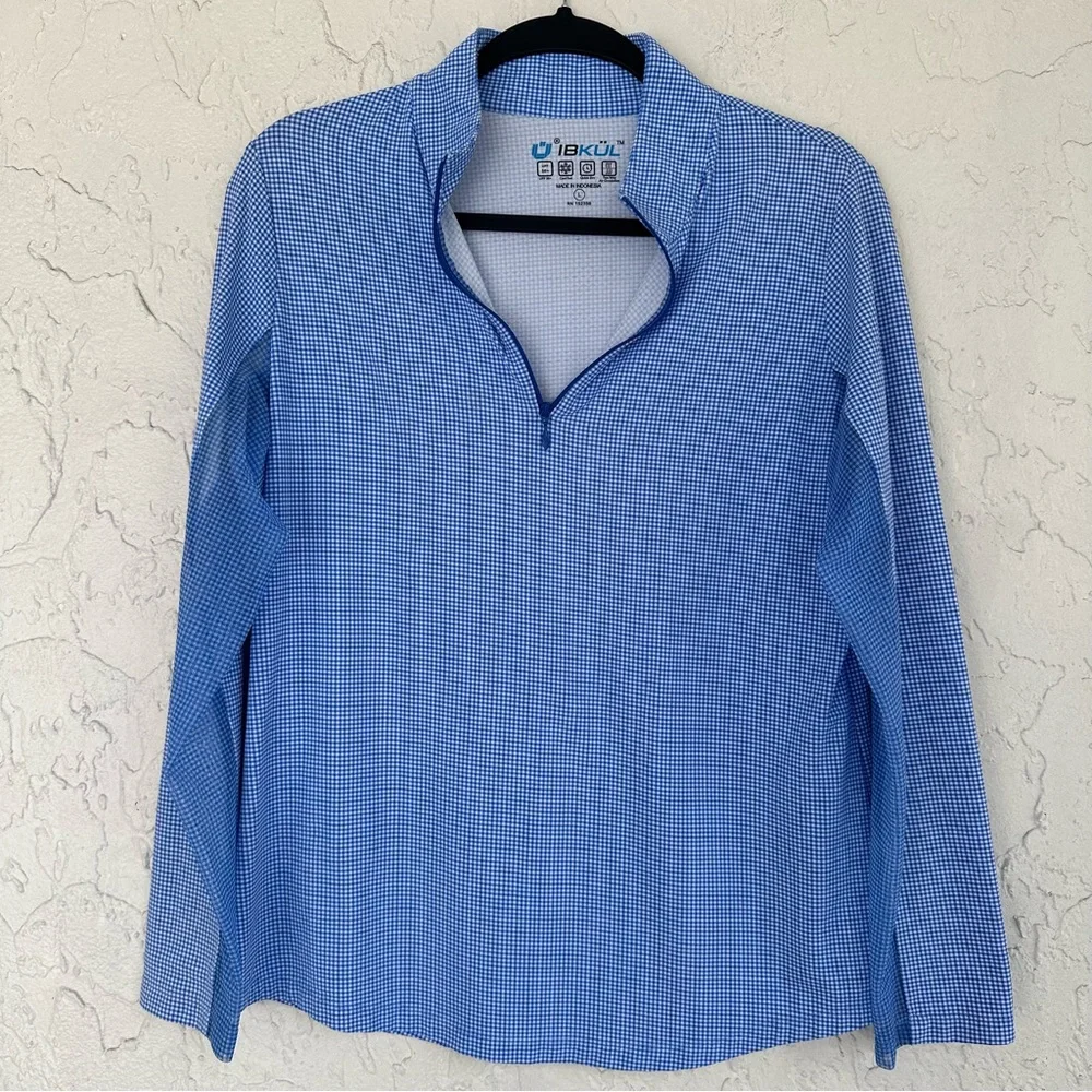 IBKUL Top Women’s Size Large Long Sleeve Check Print Mock Neck 1/4 Zip B…_2